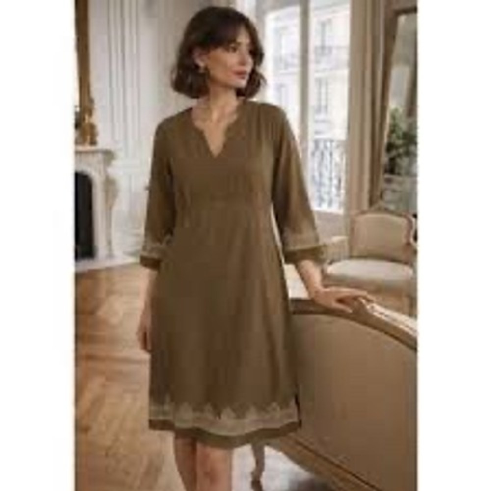 Acacia Willa P Women's Brown V Neck 3/4 Sleeve Dress‎ with Embroidered Trim XL - Picture 7 of 9